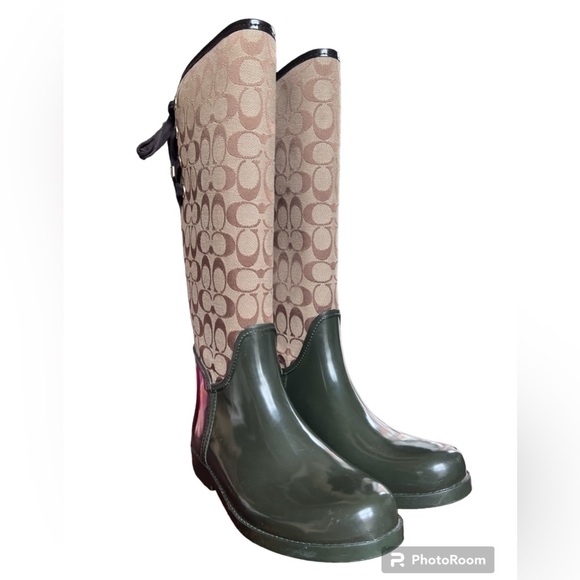 Coach Tristee Monogram Logo Print Coated Canvas Lace Up Back Tall Rain Boots 10 - Picture 5 of 15
